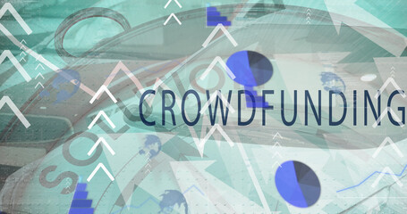 Poster - Image of arrows and graphs over crowdfunding, solution and cars