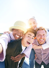 Vertical Picture Piggyback Friends Taking Smiling Selfie Together Outdoors In A Sunny Day. Portrait Group Of Young People Having Fun Together. Guys And Girls Looking At Camera Posing For The Photo
