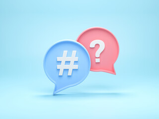 Fototapete - 3D rendering, 3D illustration. Question mark icon and Hashtag search in speech bubble. Business support. FAQ and Q&A concept.