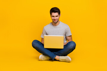 Poster - Full size photo of nice brunet young guy sit type laptop wear t-shirt jeans footwear isolated on yellow background