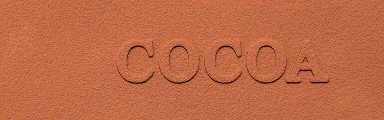 Cocoa powder texture. The word cocoa is sprinkled with cocoa powder. Stylish modern abstract background suitable for packaging, advertising or branding. Banner.