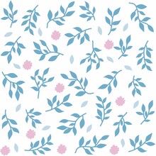 Seamless Pattern With Isolated Blue Brunches, Leaves And Small Abstract Pink Flowers On The White Background. 