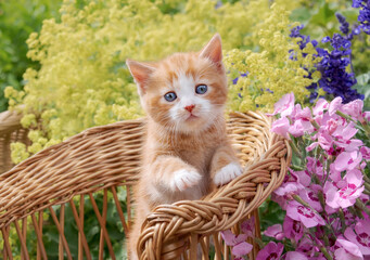 Wall Mural - Cute red-tabby-white baby cat kitten with beautiful blue eyes posing in a small wicker chair in a colorful flowering garden    