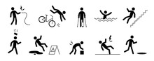 Accident Pictogram Man Icon. Slipping Fall, Bike Accedent, Electric Shock Pictogram Sign Set. Warning, Danger Icon Stick Man Vector Illustration.