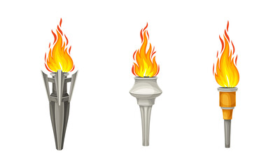 Wall Mural - Flaming metal and wooden torchlights set vector illustration on white background