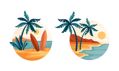 tropical beach scenes set. idyllic paradise with palm trees and surfboards in circle vector illustra