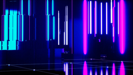 Wall Mural - a futuristic background with neon glowing cubes (3d rendering)