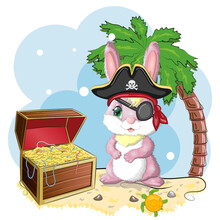 Bunny Pirate, Cartoon Character Of The Game, Wild Animal Rabbit In A Bandana And A Cocked Hat With A Skull, With An Eye Patch. Character With Bright Eyes