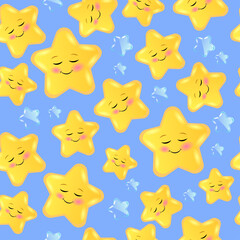 Wall Mural - Cute Smiling Stars Pattern. Vector background for baby and kids design. Cute Cartoon Face Star Seamless Pattern on Pastel Blue Background.