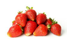 Ripe Red Strawberries With Green Leaves On A White Background. Selective Focus.