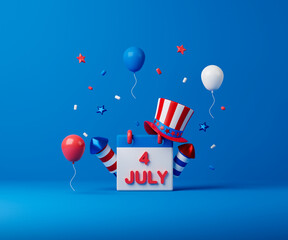 3d rendering USA independence day illustration. 4th of July calendar with fireworks, balloons and confetti.