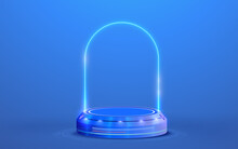 Circle Portals, Teleport, Hologram Gadget. Blank Display, Stage Or Magic Portal, Podium For Show Product In Futuristic Cyberpunk Or Hud Style. Showcase With Copy Space. Blue Circle Neon Lighting.