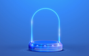 Poster - Circle portals, teleport, hologram gadget. Blank display, stage or magic portal, podium for show product in futuristic cyberpunk or hud style. Showcase with copy space. Blue circle neon lighting.