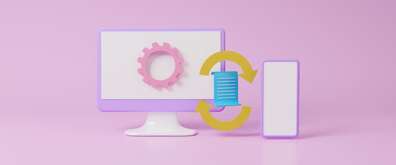 Poster - Transferring or exchanging files between a smartphone and a computer, data transmission, online documentation database and document management system concept, cloud sharing and upload, 3d rendering