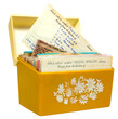 Old, yellow 1960s recipe box with handwritten recipes on index cards.