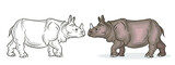 Fototapeta Dinusie - In the animal world. Coloring for children, a large and terrible rhino. Vector image.
 Color and black white pattern, background, design.