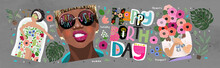 Happy Birthday! Vector Cute Illustrations Of A Woman With A Bouquet Of Flowers, A Spa Treatment In The Bathroom And A Portrait In Sunglasses For A Card For The Holiday Of A Woman Or A Girl.