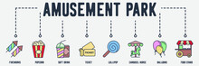 Amusement Park Web Icon. Fireworks, Popcorn, Soft Drink, Ticket, Lollipop, Carousel Horse, Balloons, Street Food Stand Vector Illustration Concept.