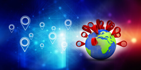 Fototapete - 3d rendering Red map pointer around globe