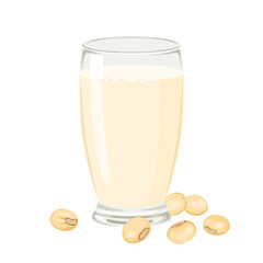 Wall Mural - Soy milk in a glass and soy beans isolated on white background. Vector cartoon flat illustration. Healthy vegan drink.