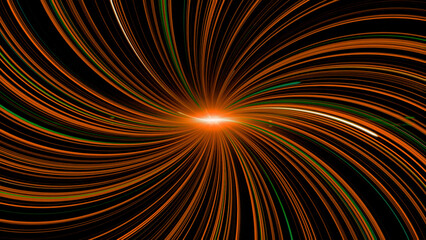 Poster - Spiral of colored and luminous lines. Animation. Curved lines radiate and pulsate from luminous center. Spiral of thin colored lines with luminous pulsations