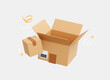 3D Open cardboard box. Fast shipment delivery. Unpacking order or parcel in cargo box. Moving concept. Cartoon creative minimal design icon isolated on white background. 3D Rendering