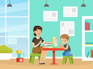 Wall Mural - Professional Speech Therapist Teaching Little Boy Letter Pronunciation Sitting at Table with Mirror Vector Illustration