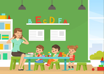 Poster - Professional Speech Therapist Teaching Little Kids Letter Pronunciation Sitting at Table with Books and Toy Blocks Vector Illustration