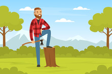 Bearded Man Lumberjack Or Woodman In Red Checkered Shirt With Ax Leaning On Tree Stump Vector Illustration