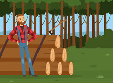 Bearded Man Lumberjack Or Woodman In Red Checkered Shirt Standing Near Pile Of Logs Vector Illustration