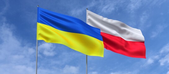 Wall Mural - Flags of Ukraine and Poland on flagpoles in center. Flags on sky background. Place for text. Ukrainian. Polish. 3d illustration.