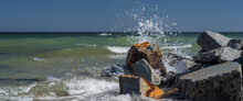 SEA COAST - Sea Waves Crash Against Boulders On The Shore