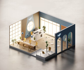 Poster - Isometric view minimal cafe store open inside interior architecture, 3d rendering digital art.