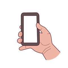 Poster - Hand holds a smartphone. Hand drawn sketch isolated on a white background. Vector illustration.