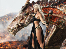 Portrait Of The Dragon Queen Holding Her Staff With Her Fierce Fire Breathing Dragon At Her Side. 3d Rendering
