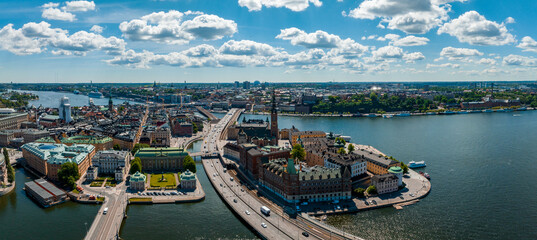 Wall Mural - aerial panoramic view of the old town, gamla stan, in stockholm. beautiful sweden during summer time