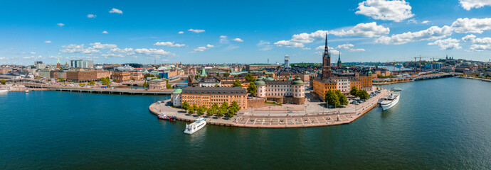 Fototapete - Aerial panoramic view of the old Town, Gamla Stan, in Stockholm. Beautiful Sweden during summer time.
