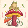 Hand drawn Cottagecore Aesthetic Goblincore Frog sitting on Mushroom, Cottage core style frog