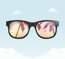 Hello Summer Fun Background Concept. Vector Sunglass Beach Palm Vacation Design Illustration