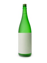 Sake Bottle With Blank Label, Isolated On White. A Typical Japanese Sake Bottle With Green Glass And A White Label Of Textured Paper. 