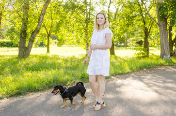 Wall Mural - Beautiful blonde young woman with a cute dog for a walk in the park