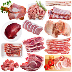 Collection of raw pork meat isolated on white background