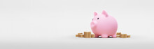 Pink Piggy Bank With Several Coins On A White Background - Savings Concept