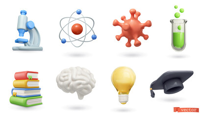 school, science and education icons. microscope, atom, virus, test tube, books, brain, light bulb, g