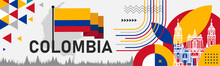 Colombia National Day Banner With Map, Flag Colors Theme Background And Geometric Abstract Retro Modern Blue Red Yellow Design. Colombian Theme. Bogota Vector Illustration.