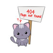Błąd 404 - strona nie znaleziona. Smutny, zmartwiony kot i baner z napisem. Ilustracja z informacją 