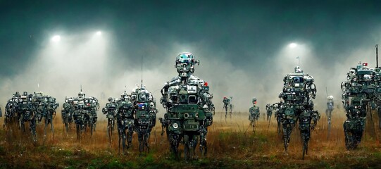 Military artificial intelligence arms race to produce an AI enabled army with autonomous robot soldiers and weapon systems, conceptual illustration