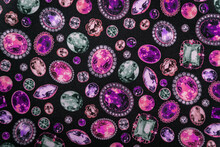Pink Jewel Pattern Print On A Black Textile Fabric Bg, Diamonds And Rubies