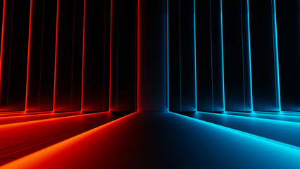 3d render of flash neon and light glowing on dark scene. Speed light moving lines.