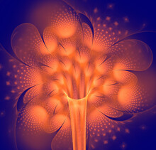 3D Illustration. Fractal. Abstract Image Of A Vase With Orange Flowers On A Blue Background. Graphic Element, Texture For Web Design.